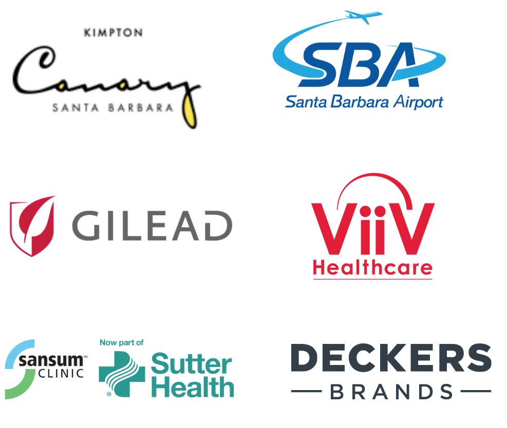 Logos of Pacific Pride Festival sponsors, including Kimpton Canary Santa Barbara, Santa Barbara Airport, Gilead, ViiV Healthcare, Sansum Clinic now part of Sutter Health, and Deckers Brands.